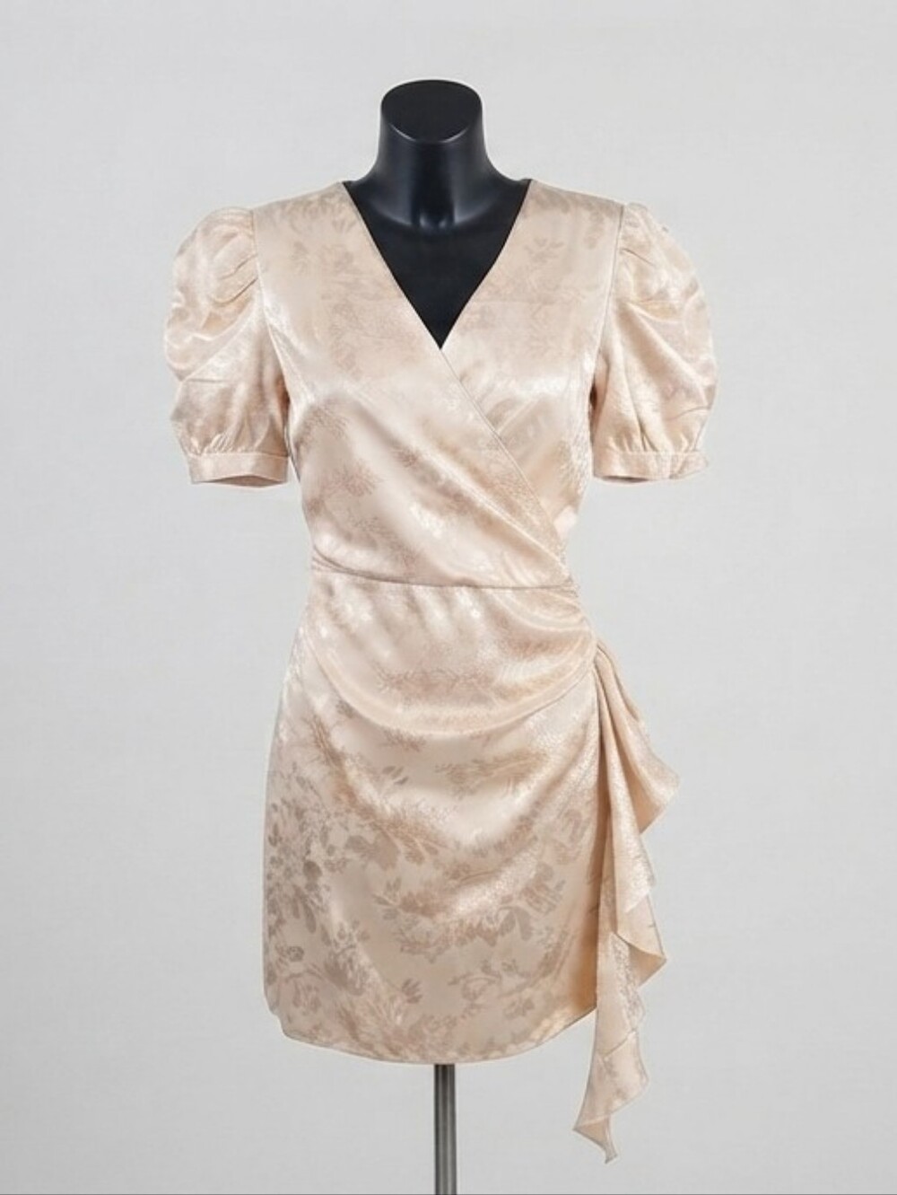 Moodie Floral Jacquard Puff Sleeve Wrap Mini Dress Small